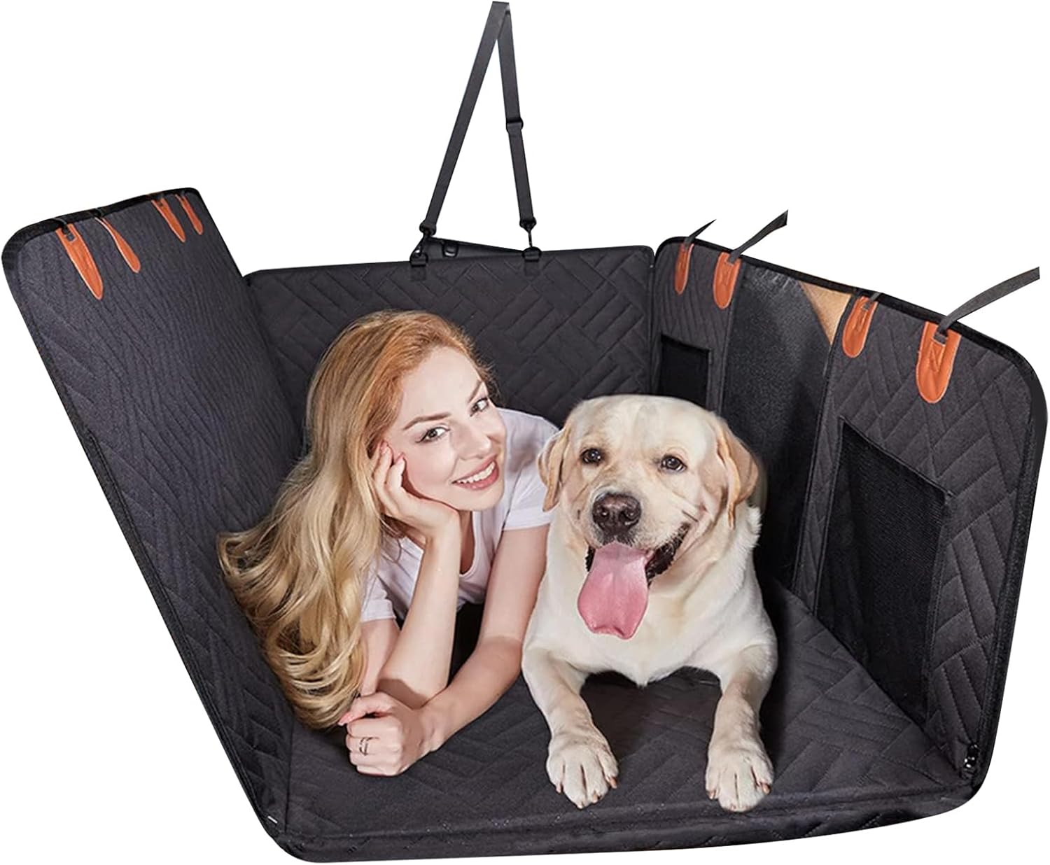 自動車用ペットシートカバー - 耐久性のある防水トラック後部座席プロテクター、安全アンカーストラップ付き傷防止ハンモックライナー、犬