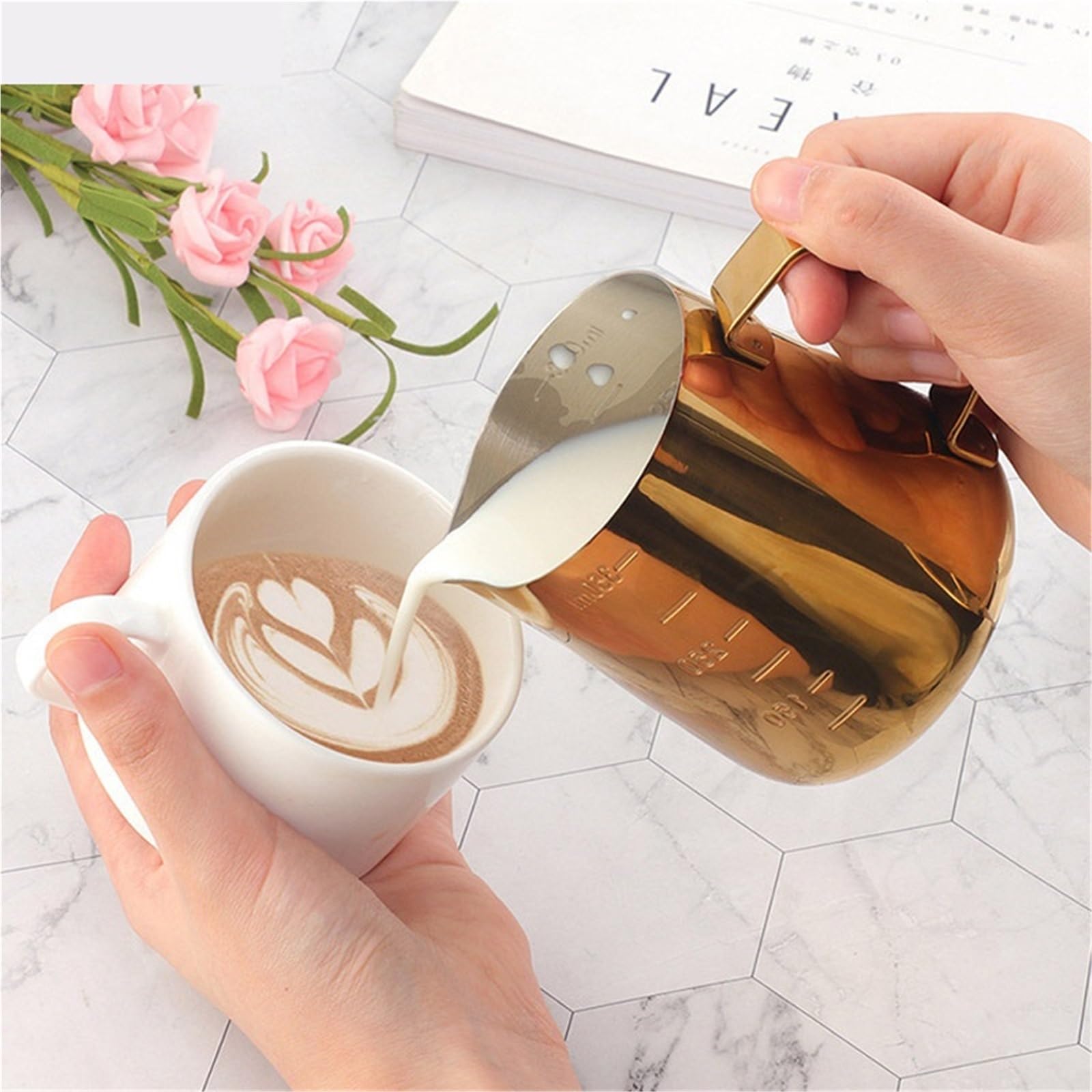 2 uds 350/550ml café expreso tirador flor tazas de leche taza de acero inoxidable tirador taza de flores leche artesanal Latte Art jarra tazón taza(Silver,350ml)