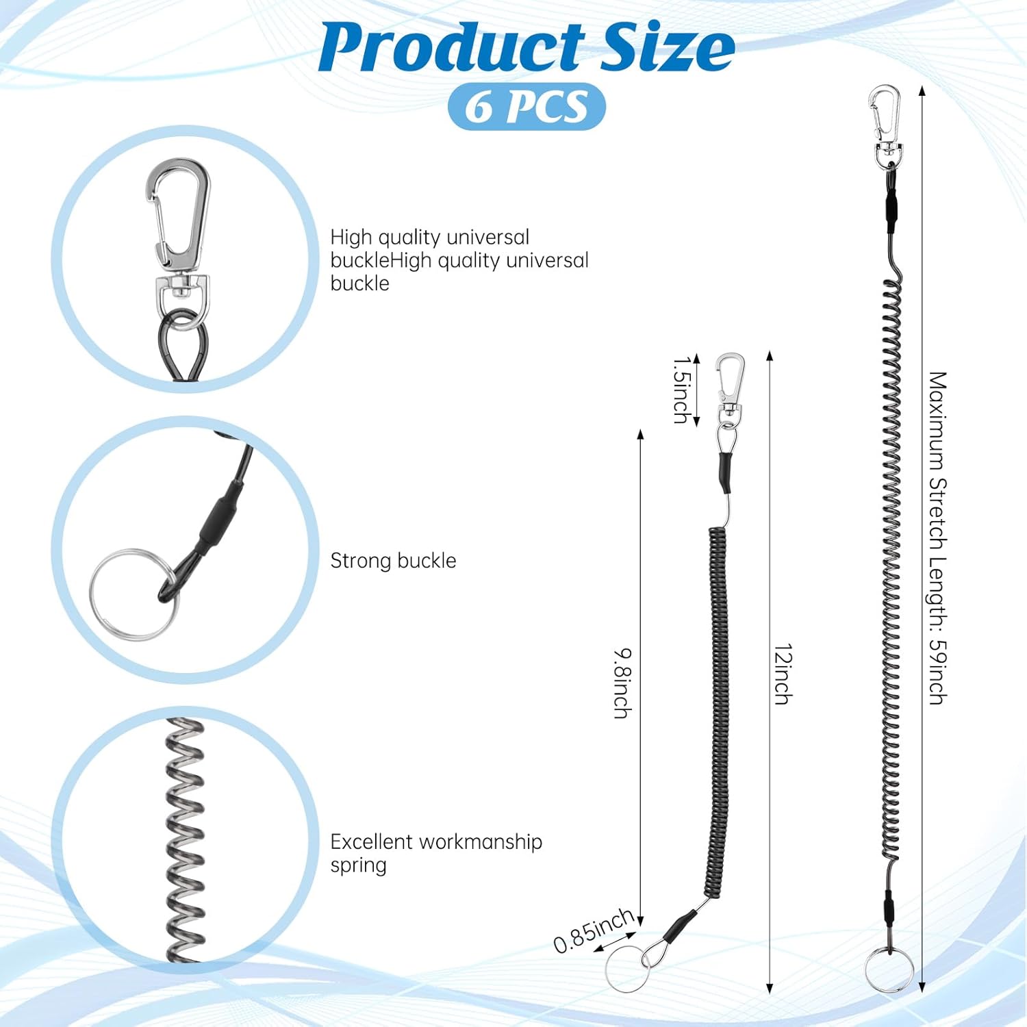 6 PCS Fishing Lanyards, Safety Retractable Coiled Lanyard Spring Coil Cord Keychain, Fishing Tool Tether Steel Wire Coiled Lanyard with Carabiner and Split Ring for Pliers Boating Kayak Pliers Boating - Image 2