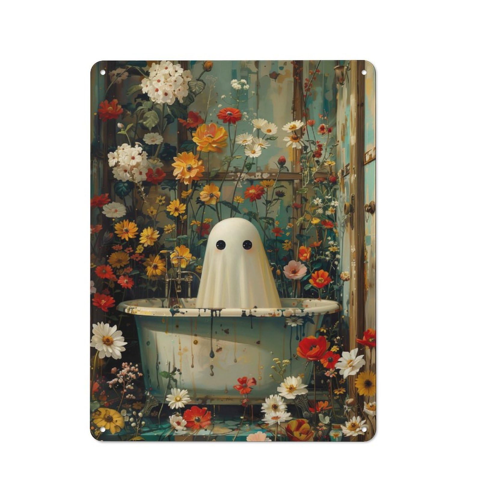 Junmoney Floral Ghost In Bathtub Metal Plaque 40X30cm With For Garage Wall, Vintage Decor, For Vintage Wall Decor Fans, For Metal Sign Collectors