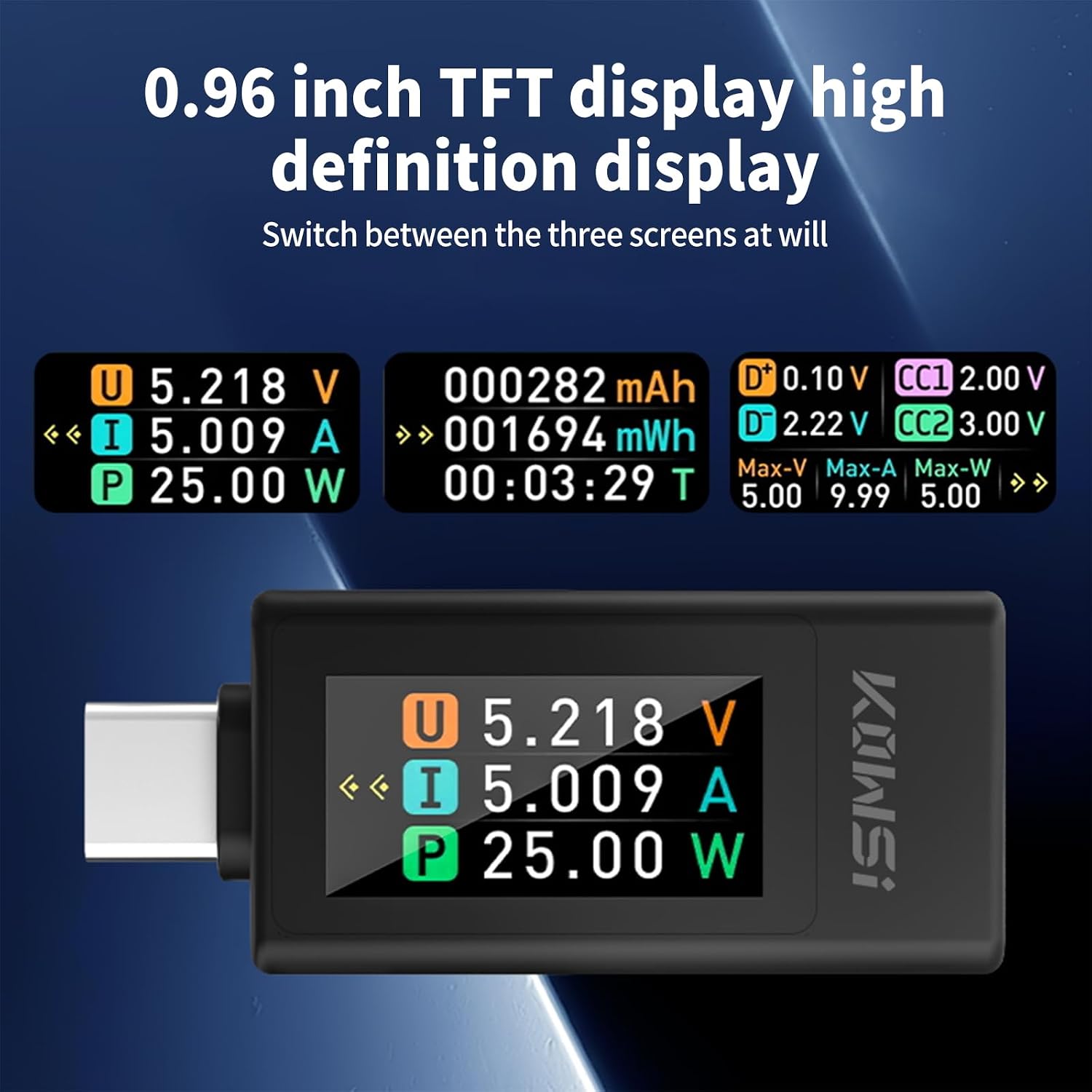4-30V 0-8A USB C Tester Digital Multimeter, Voltage and Current Tester Meter Voltmeter Power Bank Capacity USB Cable Charger Detector with Manual（KWS-1902L Black