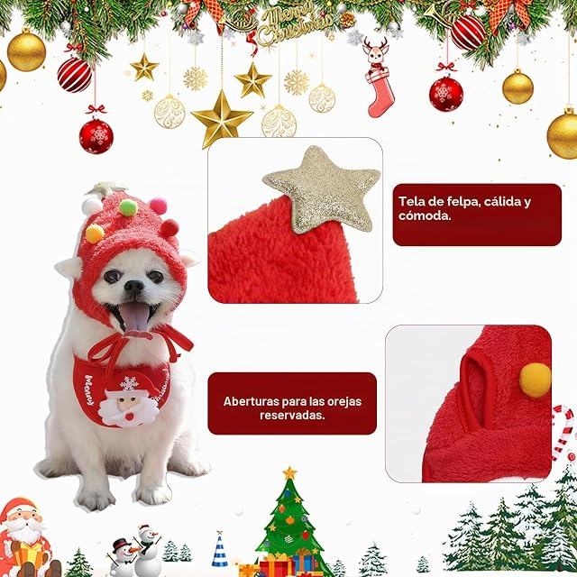 Foto 2 de 6 de Zephyra Gorro de Navidad Rojo para Perros y Gatos de 4–7,5 kg, Sombrero Navideño con Pompones para Mascotas