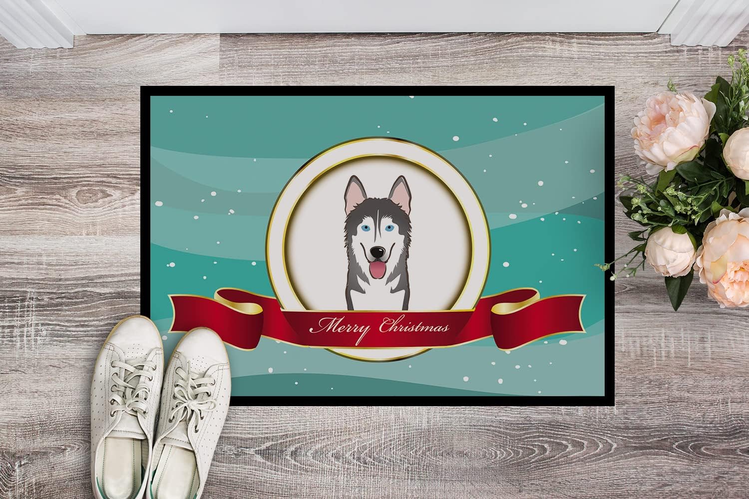 Caroline's Treasures BB1528JMAT Alaskan Malamute Merry Christmas Doormat 24x36 Front Door Mat Indoor Outdoor Rugs for Entryway, Non Slip Washable Low Pile, 24H X 36W