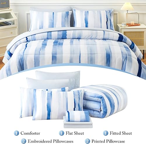 Miniatura 9 de YIYEA Juego de edredón tamaño King  Estampado floral  7 piezas de cama en una bolsa  Juegos de ropa de cama para todas las estaciones con edredón,