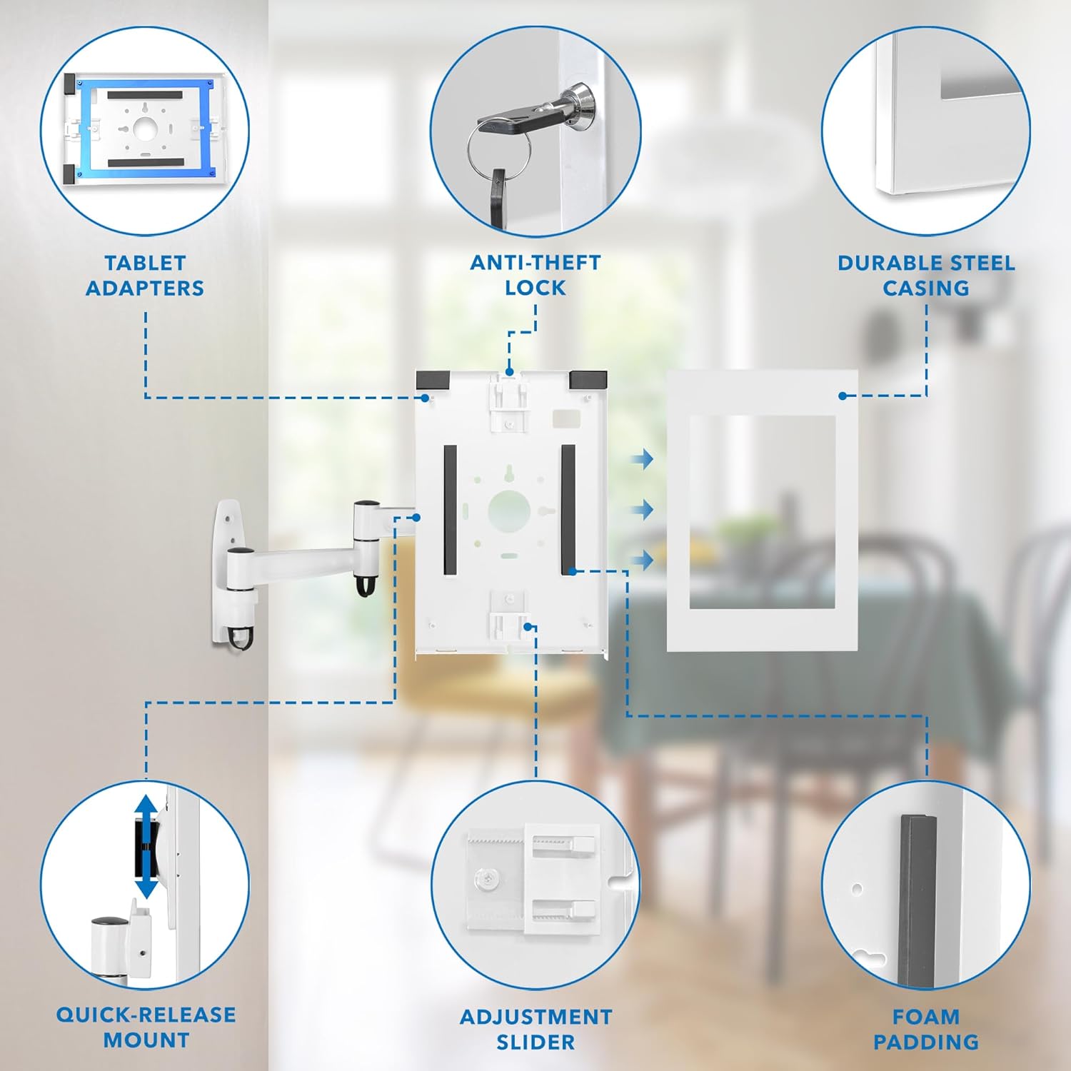 Mount-It! Anti-Theft Tablet Wall Mount with Swing Arm for iPad, iPad Air, iPad Pro | Lockable, Tamper-Proof Design, Full Motion Tilt, Swivel, Rotation, VESA 75x75 for Office, Retail, White