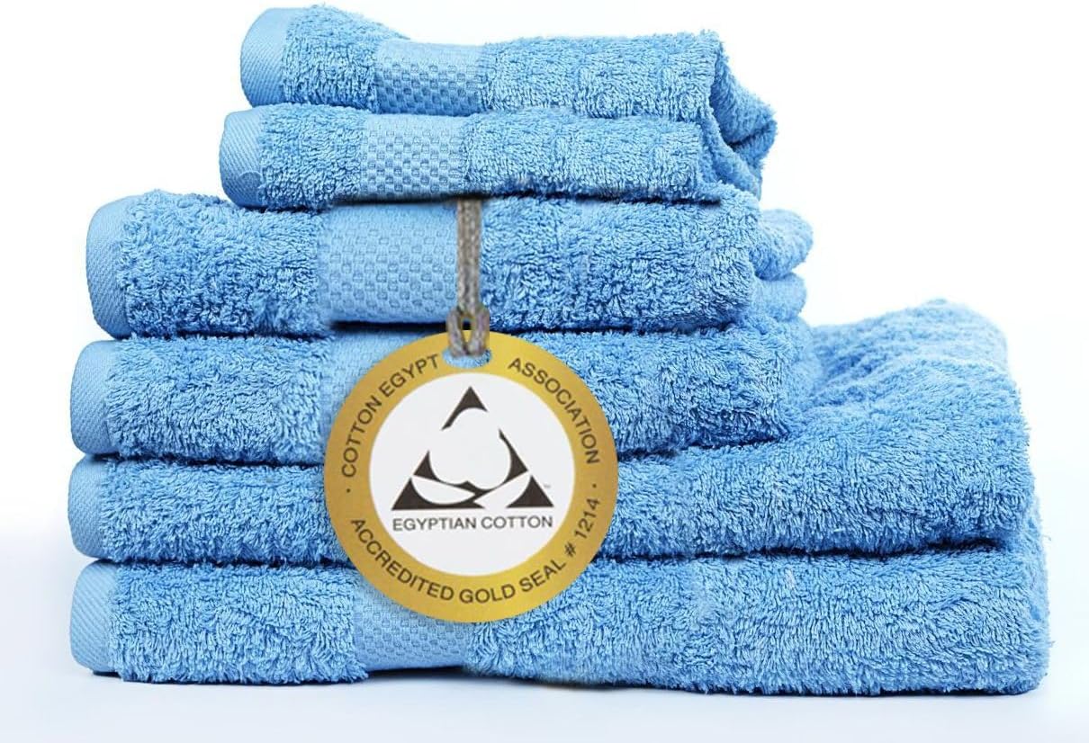 100% Egyptian Cotton Bath Towels Set of 6 Large & 600 GSM, Genuine Pure, Ultra Soft, Highly Absorbent, Quick Dry, Bathroom Essentials, Decor, Baby Towel! Bath Hand Face. (Blue)