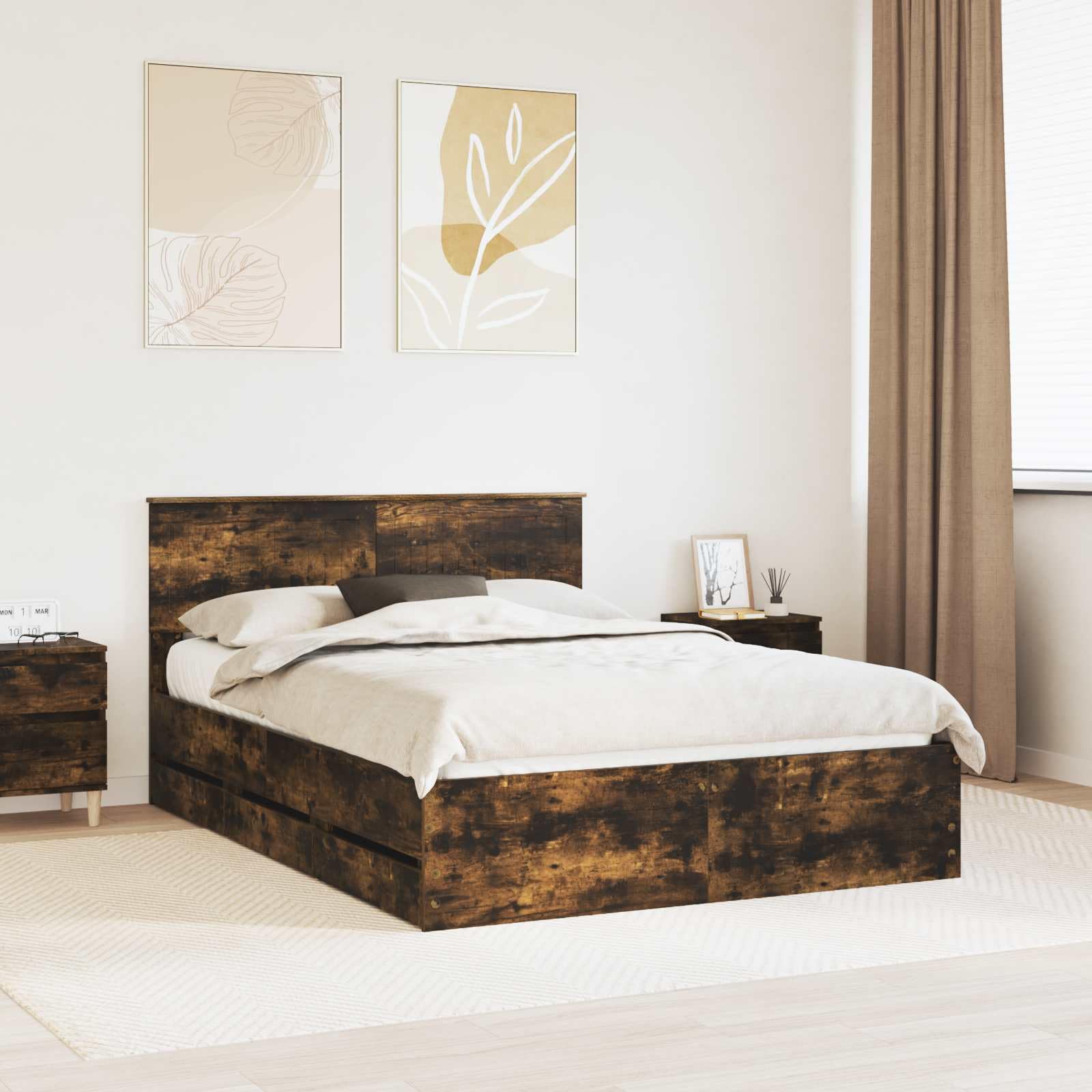 Rama łóżka z wędzonego dębu 140 x 190 cm z drewnem inżynierskim, nowoczesne wzornictwo, stabilne materiały drewnopochodne, 6 szuflad, na łóżko podwójne, miejsce do przechowywania, trwała