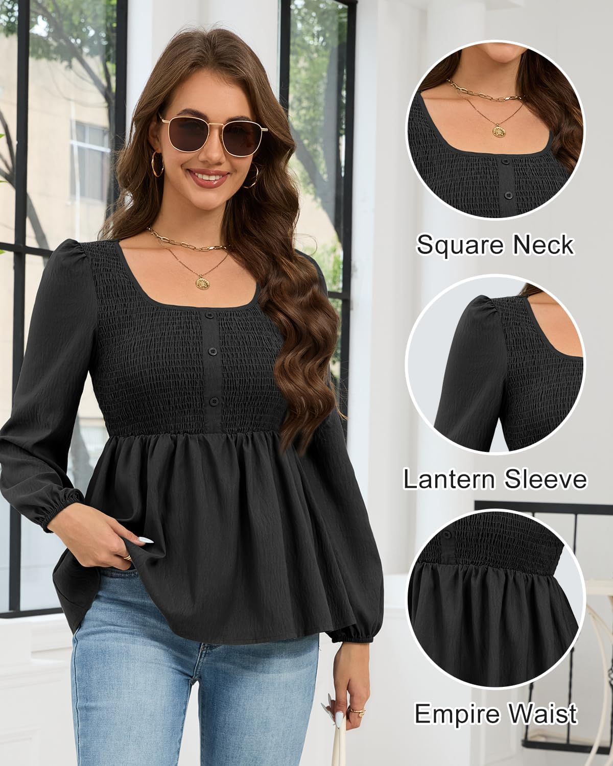 HEYTALALA Womens Peplum Tops Square Neck Smocked Puff Long Sleeve Blouses Babydoll Shirts 2025 Fall Dressy Casual Clothes - Image 7