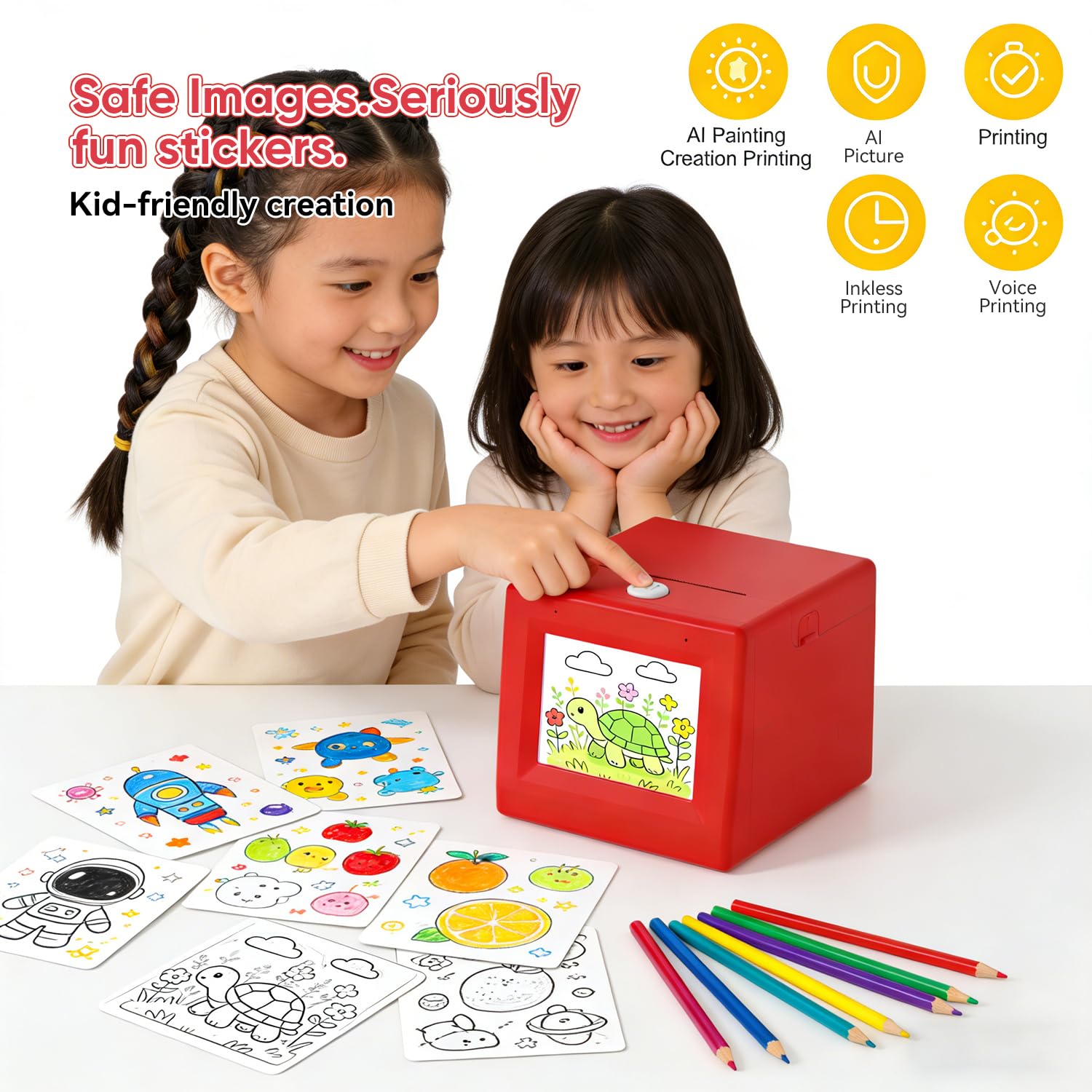 Stickerbox - Mini adesivo AI per bambini, stampante adesiva portatile ad attivazione vocale, stampante termica senza inchiostro per arti e mestieri fai da te, regalo di compleanno