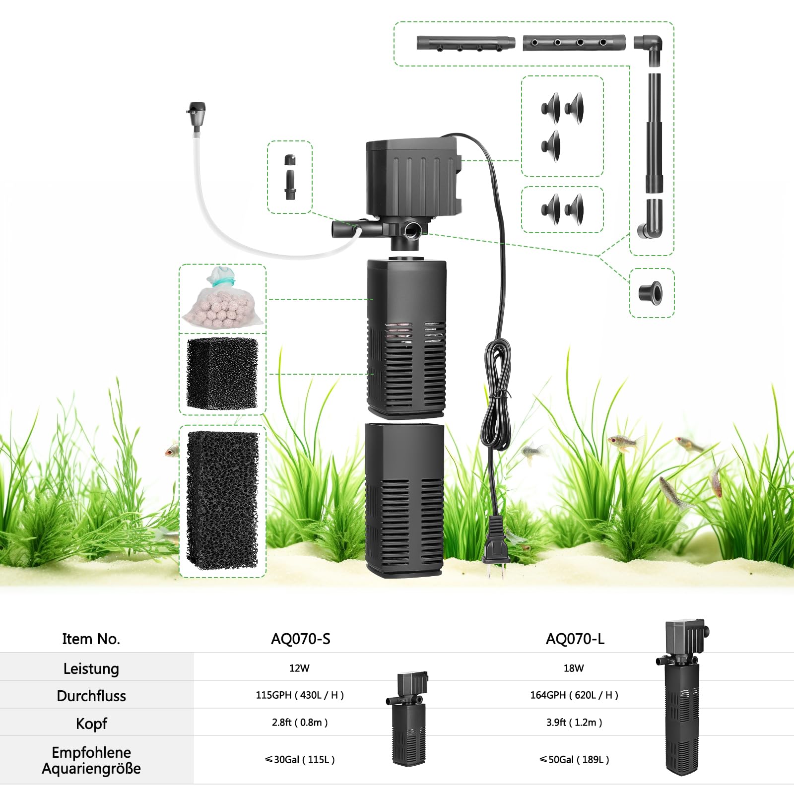 AQQA Aquarium Filter, 4 en 1 Starke Strömung Aquarium Filterpumpe, 650L/H Einstellbarer Aquarium Innenfilter für Tank bis zu 200L (18W)