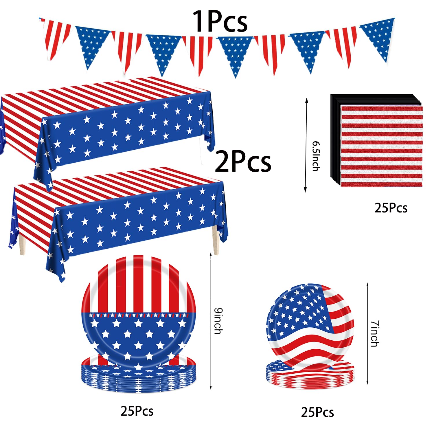 Patriotic Party Supplies, American Flag Patriotic Plates Party Decorations, 4th of July Paper Plates and Napkins, Tablecloths, Banner, Memorial Independence Day Red White Blue Decor Sets, Serve 25