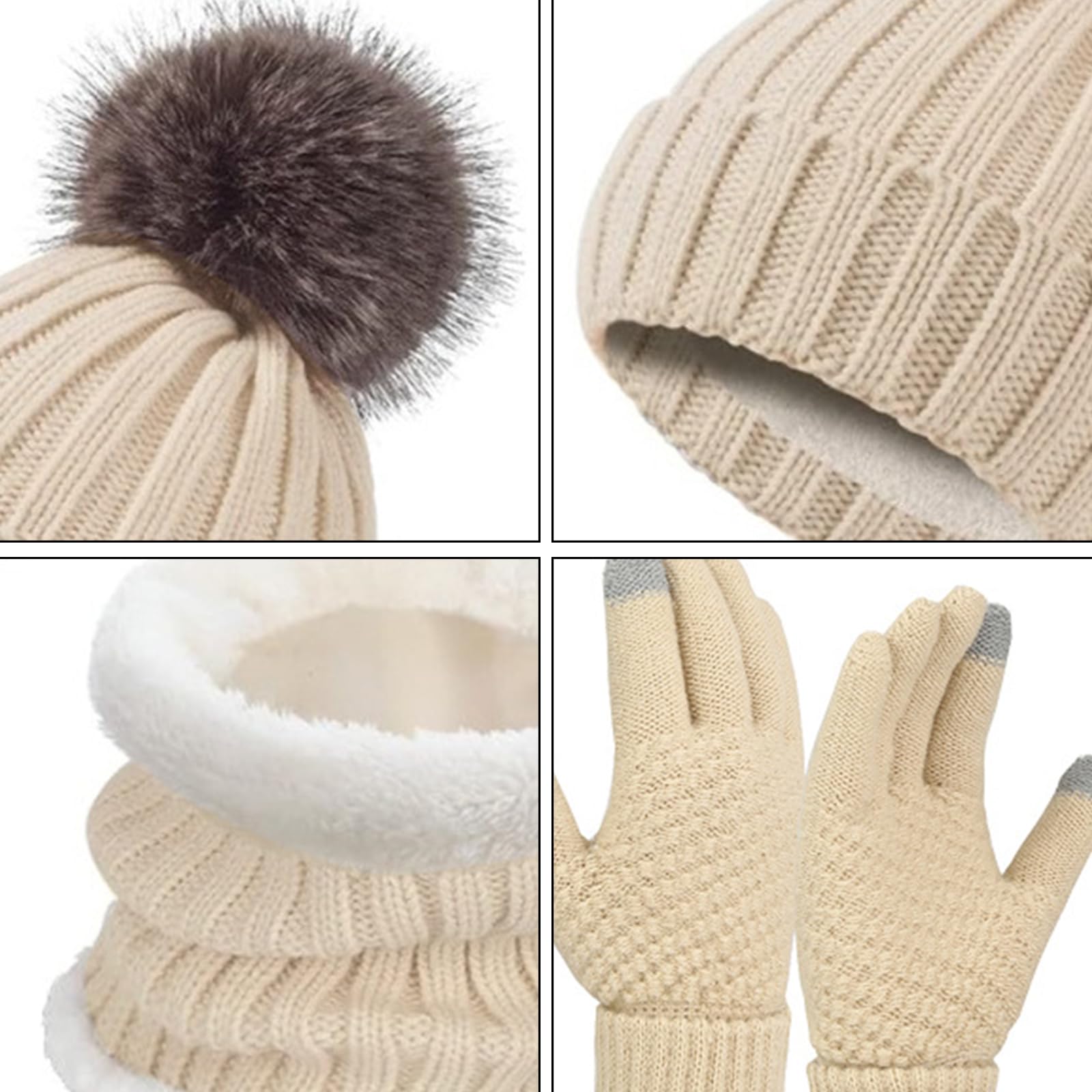 Embhlitfe Zestaw damskich czapek zimowych rękawiczki termiczne szalik czapki beanie dla kobiet z podszewką z pomponem ciepłe 3 szt. zimowy zestaw na zimną pogodę dla kobiet codzienne narty sporty na