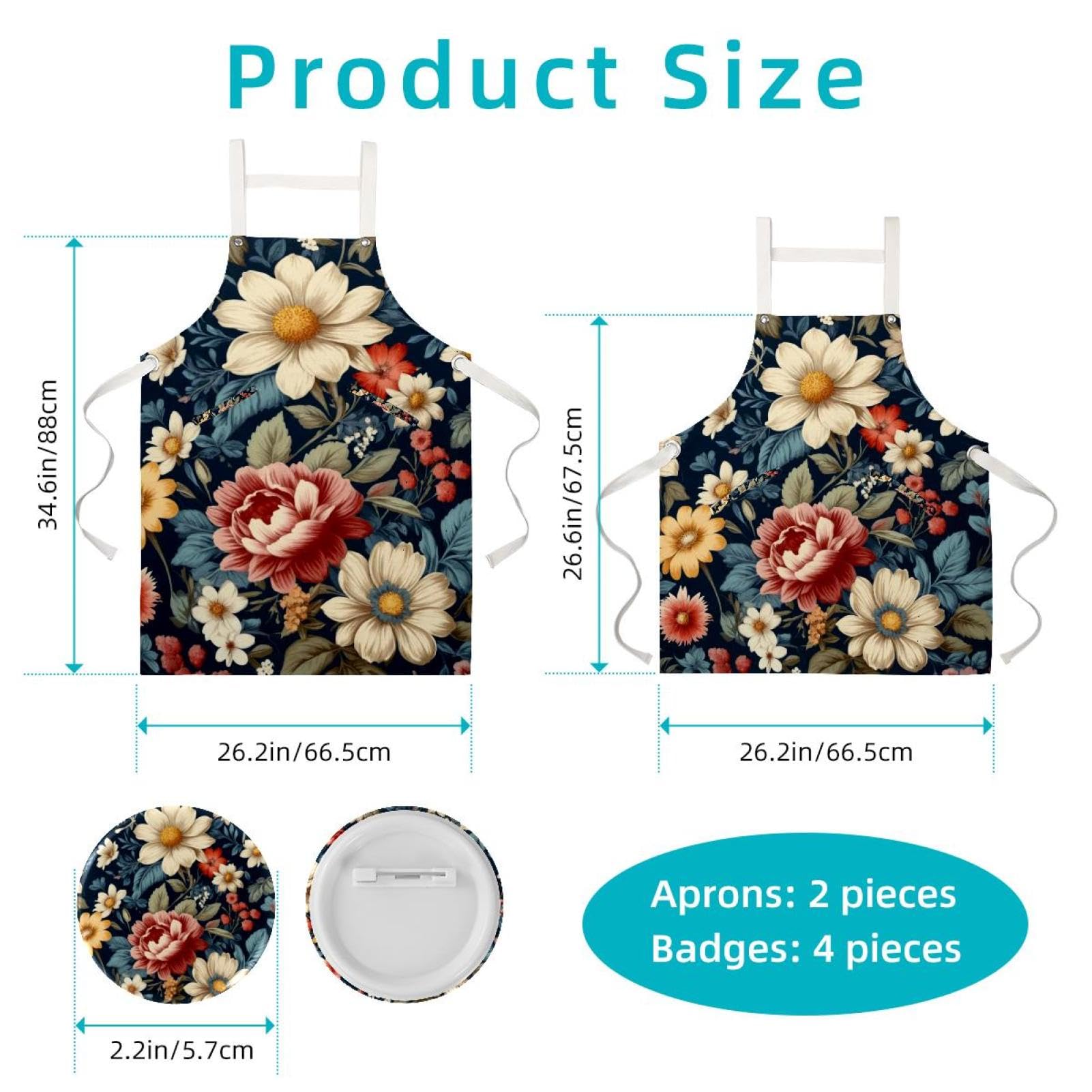 Lot de 2 tabliers de cuisine en lin pour homme et femme, motif floral avec 2 poches réglables, Belle fleur., L:26.2x34.6in/66.5x88cm;M:26.2x26.6in/66.5x67.5cm