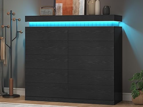 UPOSOJA Cómoda alta negra con 10 cajones para dormitorio, espacio de almacenamiento deslizante superior, cajones de madera modernos con luz LED y