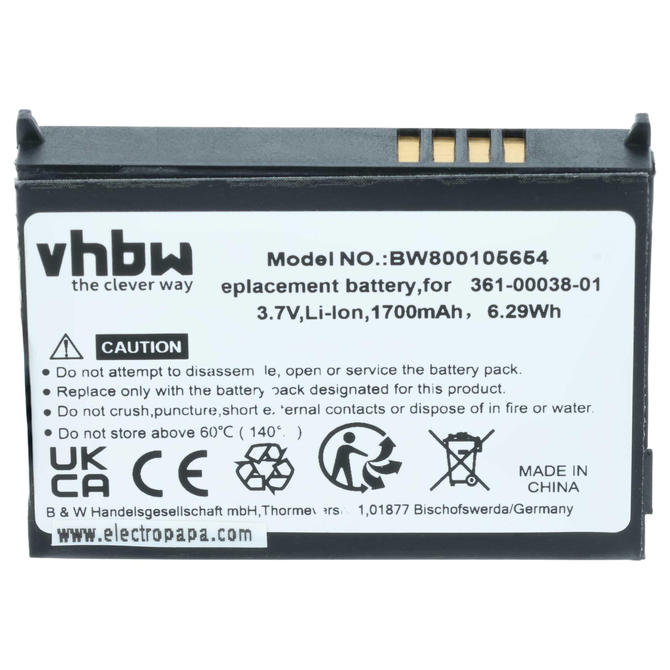 vhbw batteria sostituisce Garmin 361-00038-01, 010-11143-00 per navigatore GPS (1700mAh, 3,7V, Li-Ion)