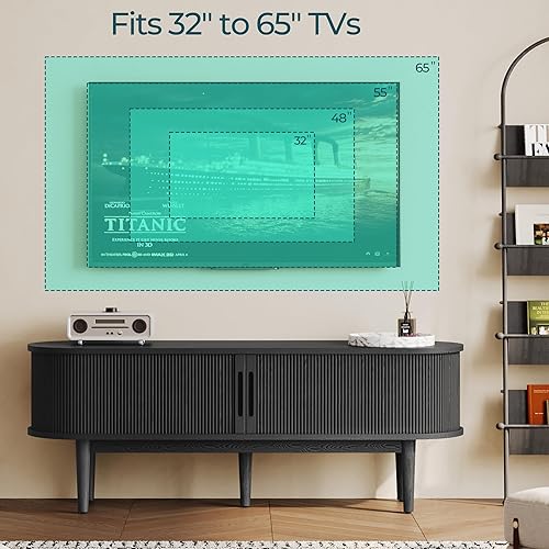 Miniatura 5 de LINSY HOME Soporte de TV acanalado para TV de 65 pulgadas, moderno centro de entretenimiento de madera de mediados de siglo con puerta corredera y