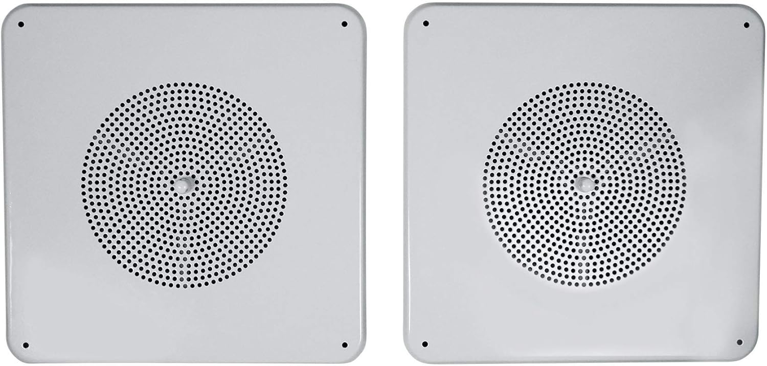 Přední view of two Rockville MS81 speakers, showing the central volume knob.