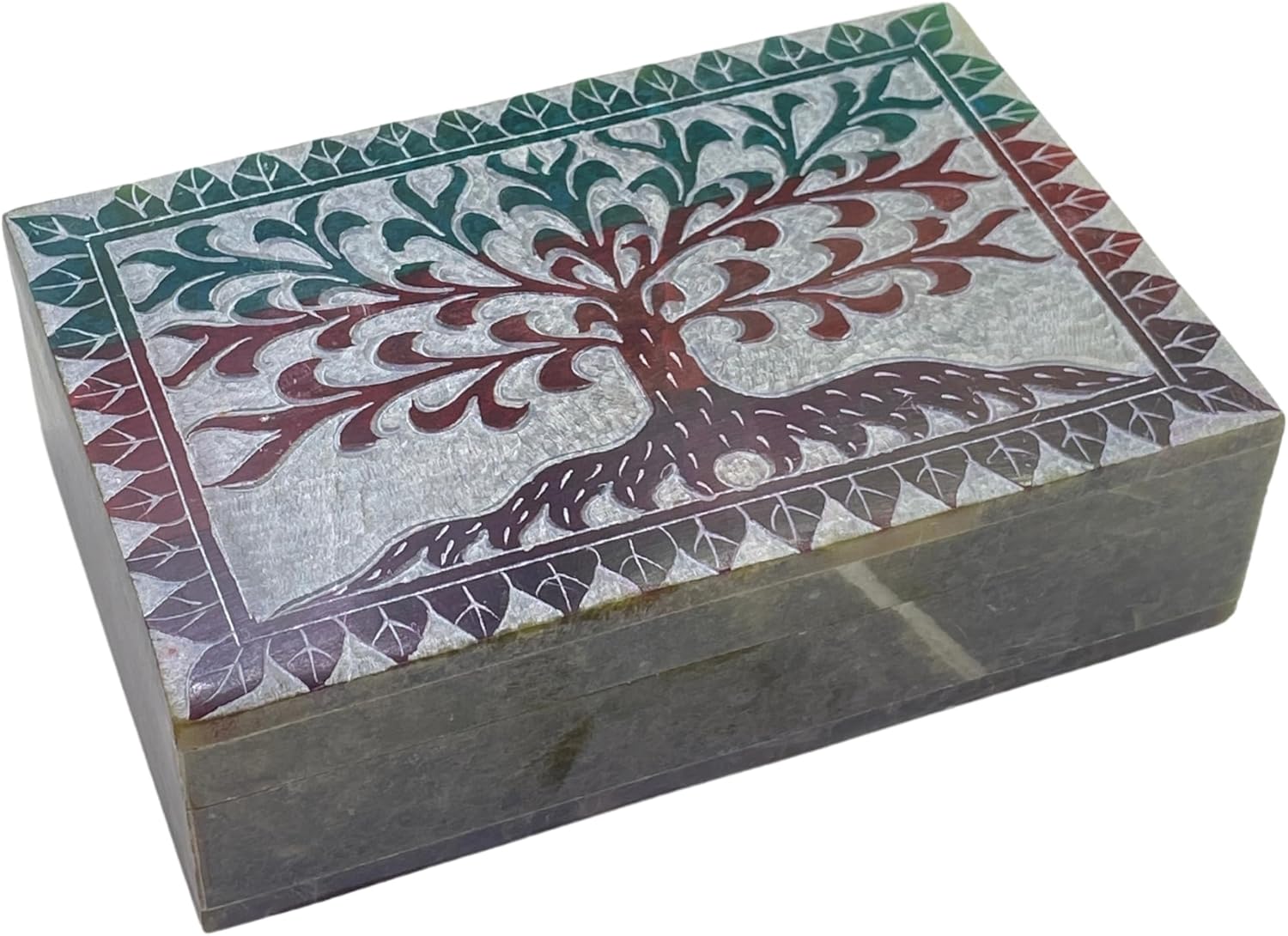 Hand Carved Marble Soapstone Square Shape Jewellery Box | Storage Organizer | Decorative Trinket Ornament Holder. (Multicolor, Length 6 Inch x Width 4 Inch x Height 1.75 Inch)