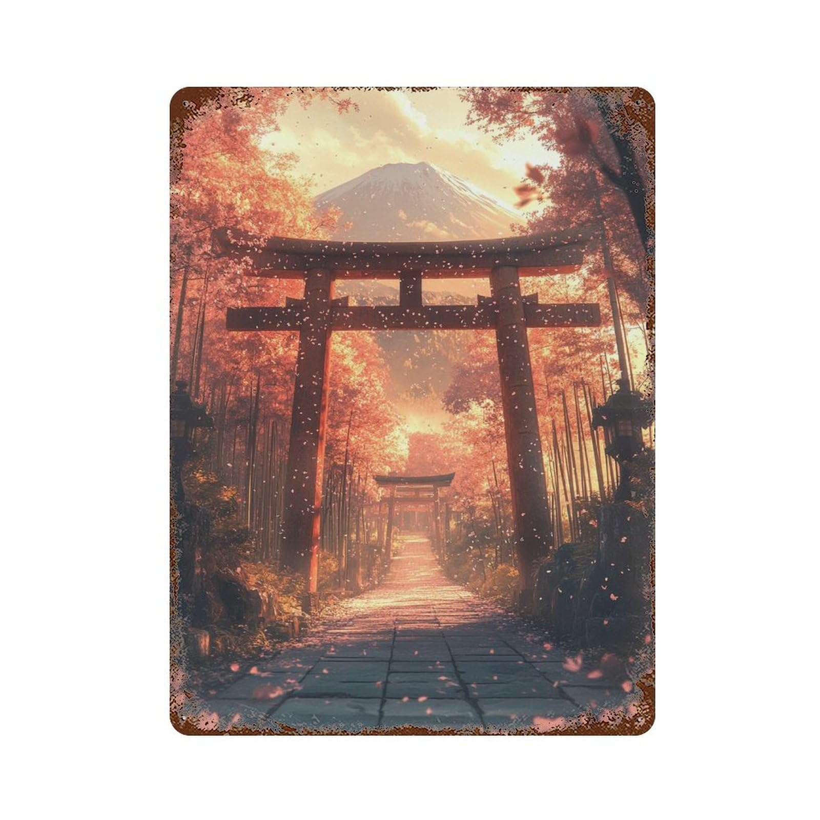Rustic Tin Plaque with Japanese Torii Gate Pathway Design 15.7"x11.8", for Pub, Kitchen And Man Cave Decor, Old School Wall Decor