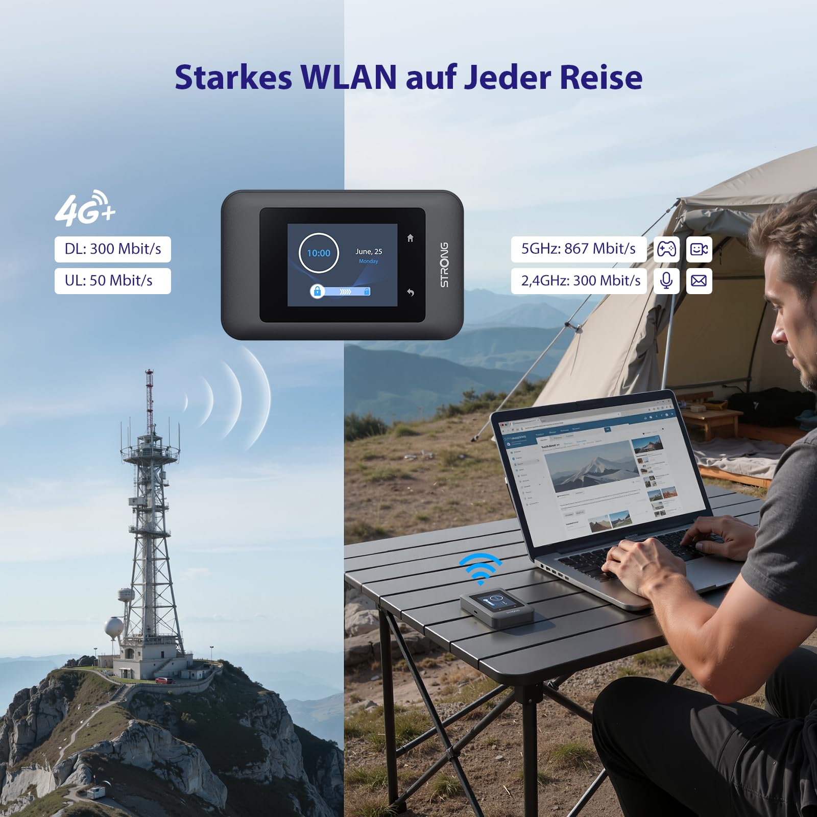 STRONG 4G+ AIRSPOT 520 Mobiler WLAN Router mit SIM Steckplatz, 4G+ LTE CAT6 300 Mbit/s DL, WLAN AC900Mbit/s, Tragbarer WiFi Hotspot, Farbdisplay, für bis 16 Geräte, 2500 mAh Akku, USB-C Anschluss