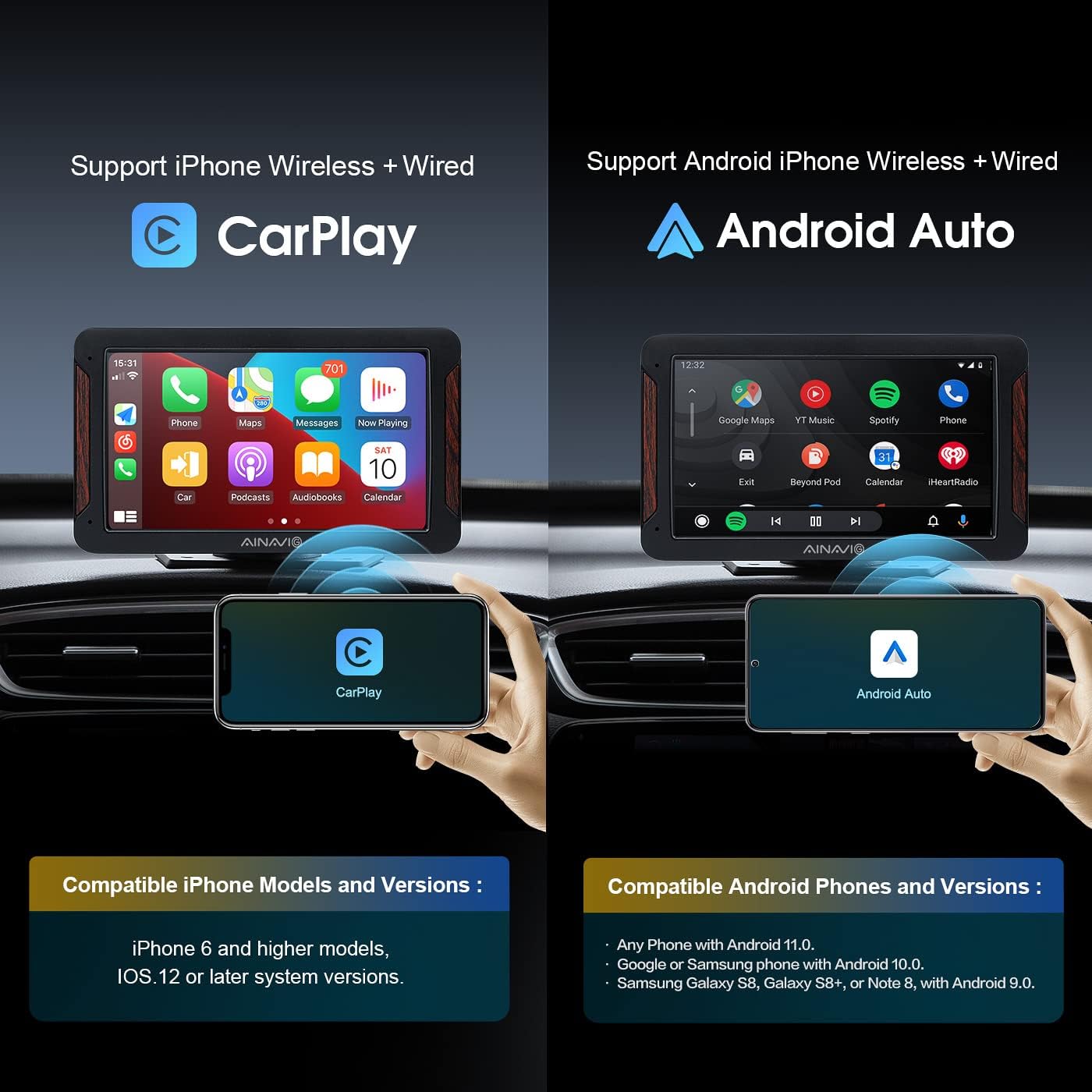 Image showing the AINAVIGO PND-P7 screen displaying both Apple CarPlay and Android Auto interfaces, along with compatible phone models and versions.