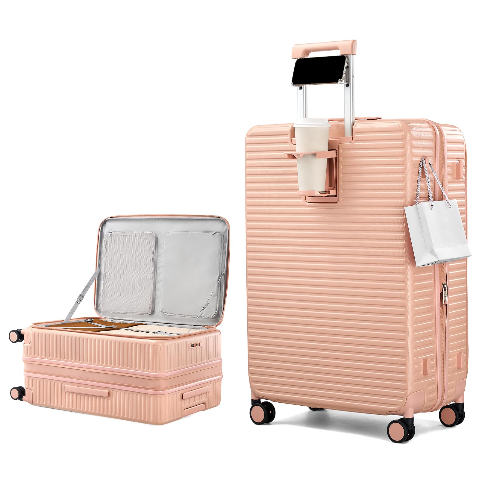 HanTrip Hard Shell Suitcases 28 Inch Large Checked Luggage with Spinner Wheels Cup Holder, Expandable Check in Luggage Lightweight Top Opening Luggage Big Rolling Suitcase with Lock, Pink