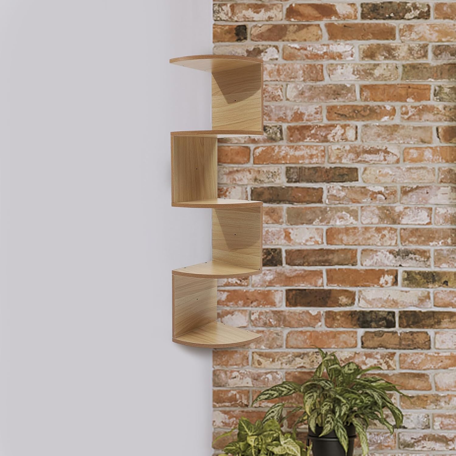 Wooden Wall-Mounted Rack 5-Tier Home Storage Shelf Light Walnut Floating Shelf Corner Design Decorative Holder for Living Room Kitchen Bathroom