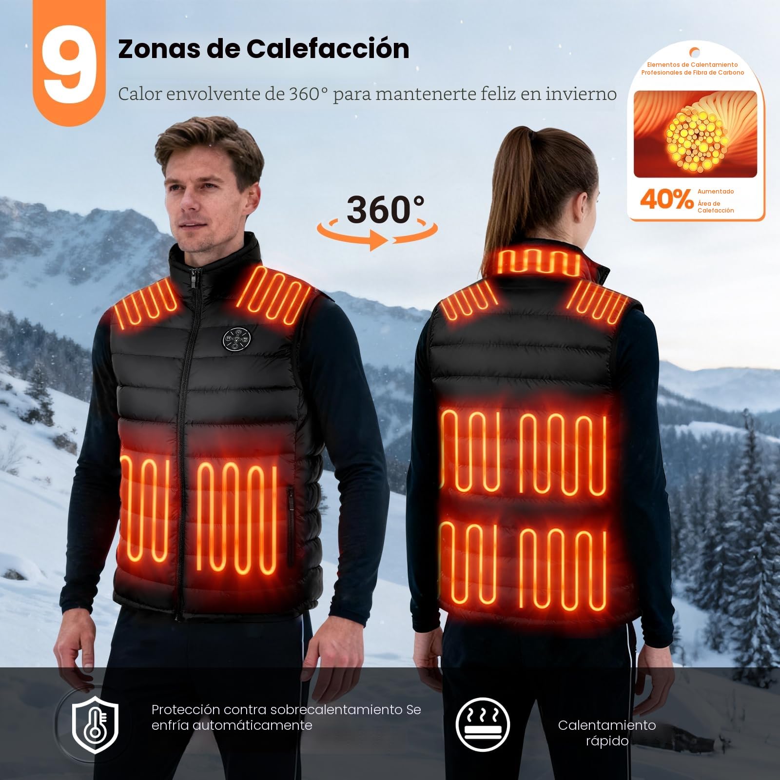 Chaleco Calefactable Hombre Mujer, Chaqueta Calefactable con 20000mAh Bateria, Chalecos Calefactables con 9 Zonas de Calefacción para Exteriores, Ropa Calefactables Para el Invierno (L)