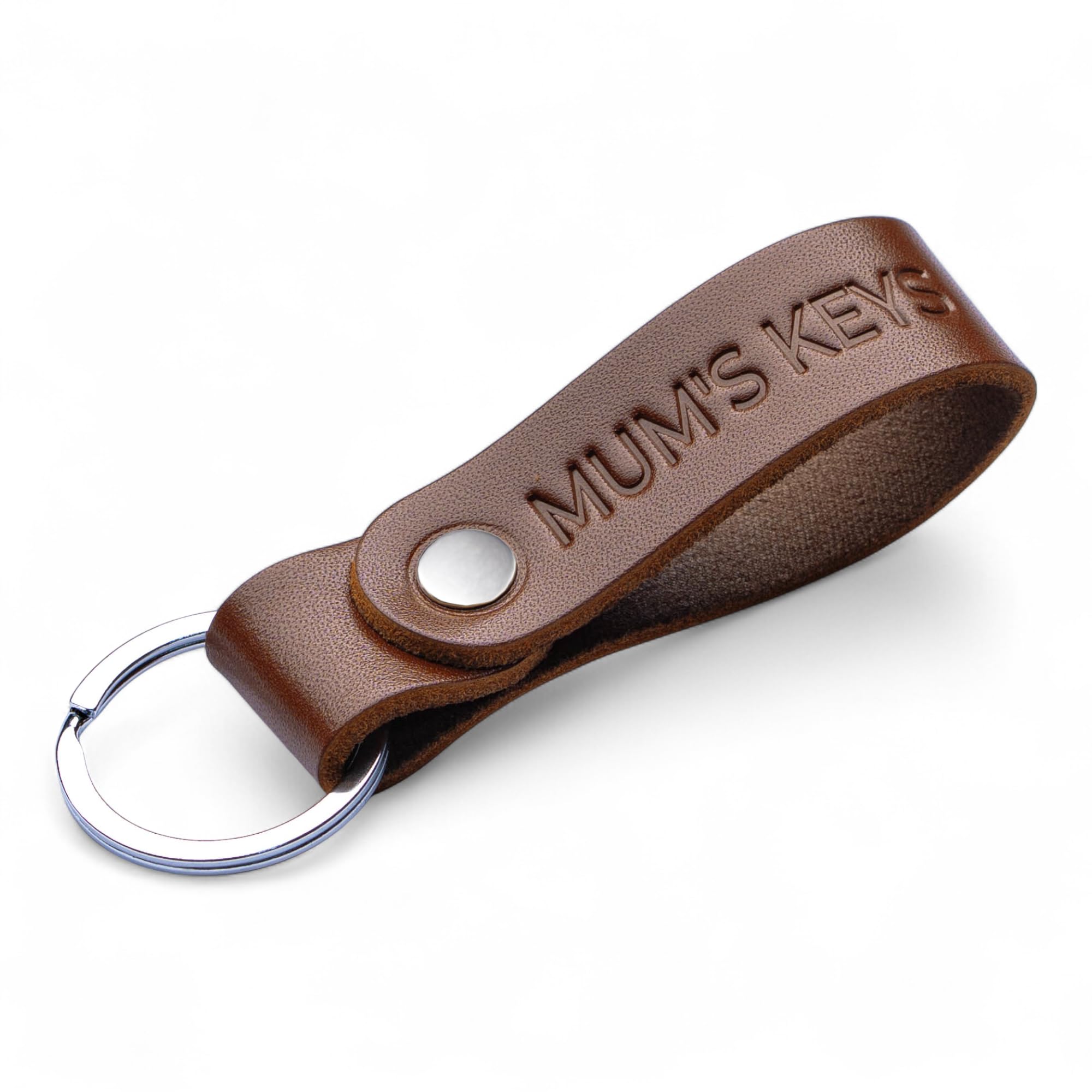 MAGOR Handmade Full Grain Leather Keyring Personalised Keychain for Men Women Car Keys Gift for Him Her Dad Husband Premium Hot Embossed Brown Leather Loop in Gift Box (MUM'S KEYS)