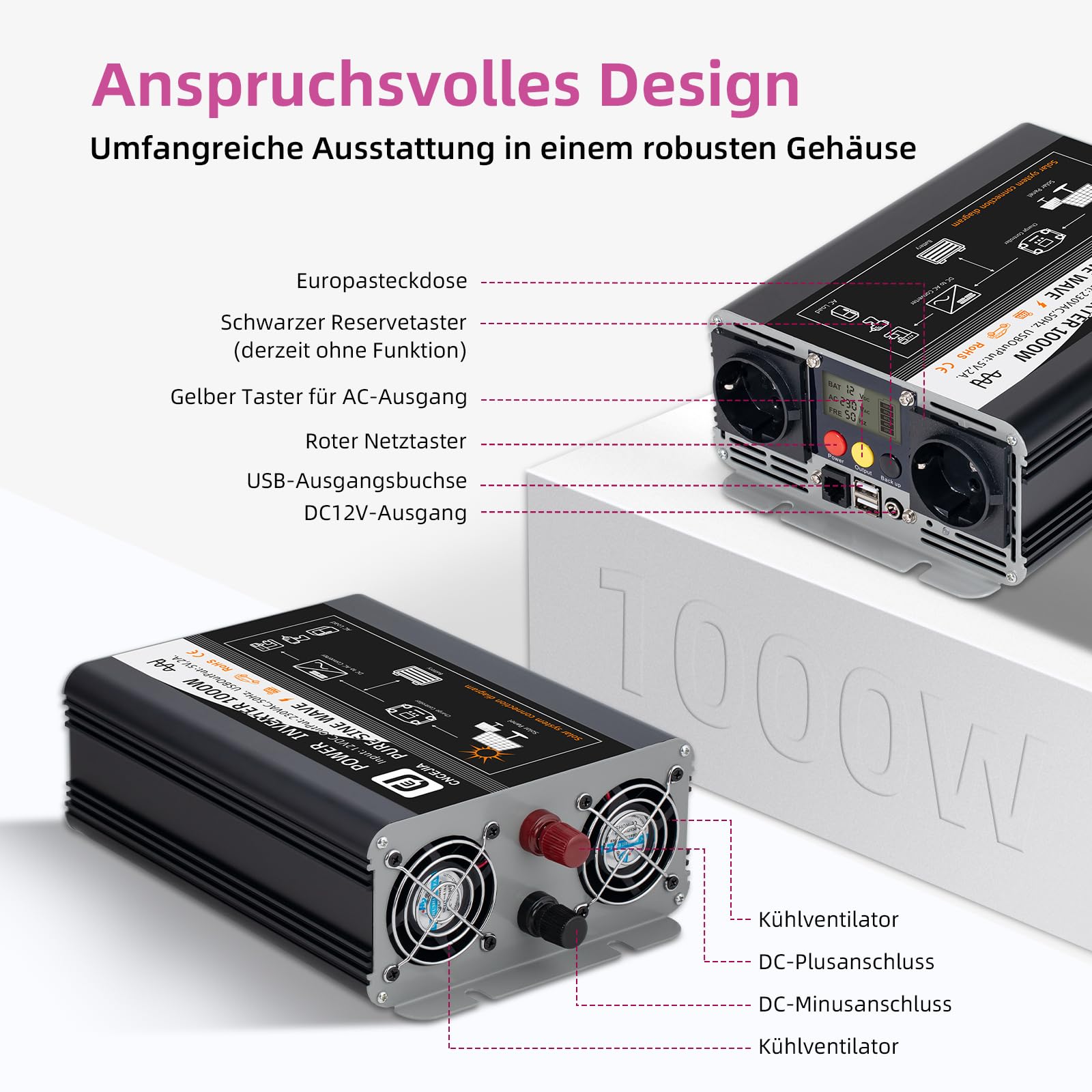 CNCEJIA 1000W Wechselrichter Reiner Sinus 12v auf 230v Spannungswandler mit 2 USB Anschlüsse 2 Steckdose LCD-Display für Auto Wohnmobil Camping (Schwarz)