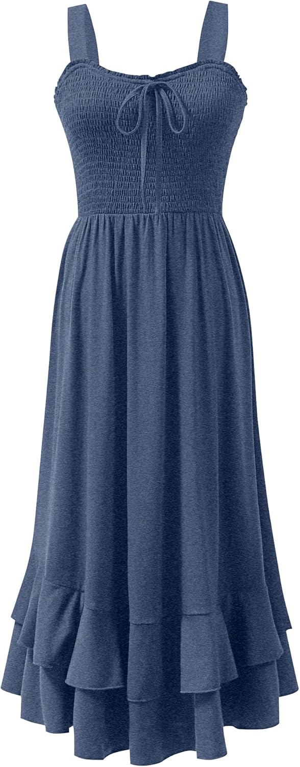 Caracilia Women’s Smocked Maxi Dress Summer Casual Boho Sleeveless Strap Ruffle Backless Swing Flowy Beach Long Sundress