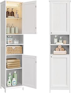 VASAGLE Armario de Baño Alto con Iluminación, Armario de Almacenaje Delgado, con Estantes Ajustables, Compartimentos Abiertos, Ancho 40 cm, para Espacios Pequeños, Moderno, Blanco Nube BBC766WH03