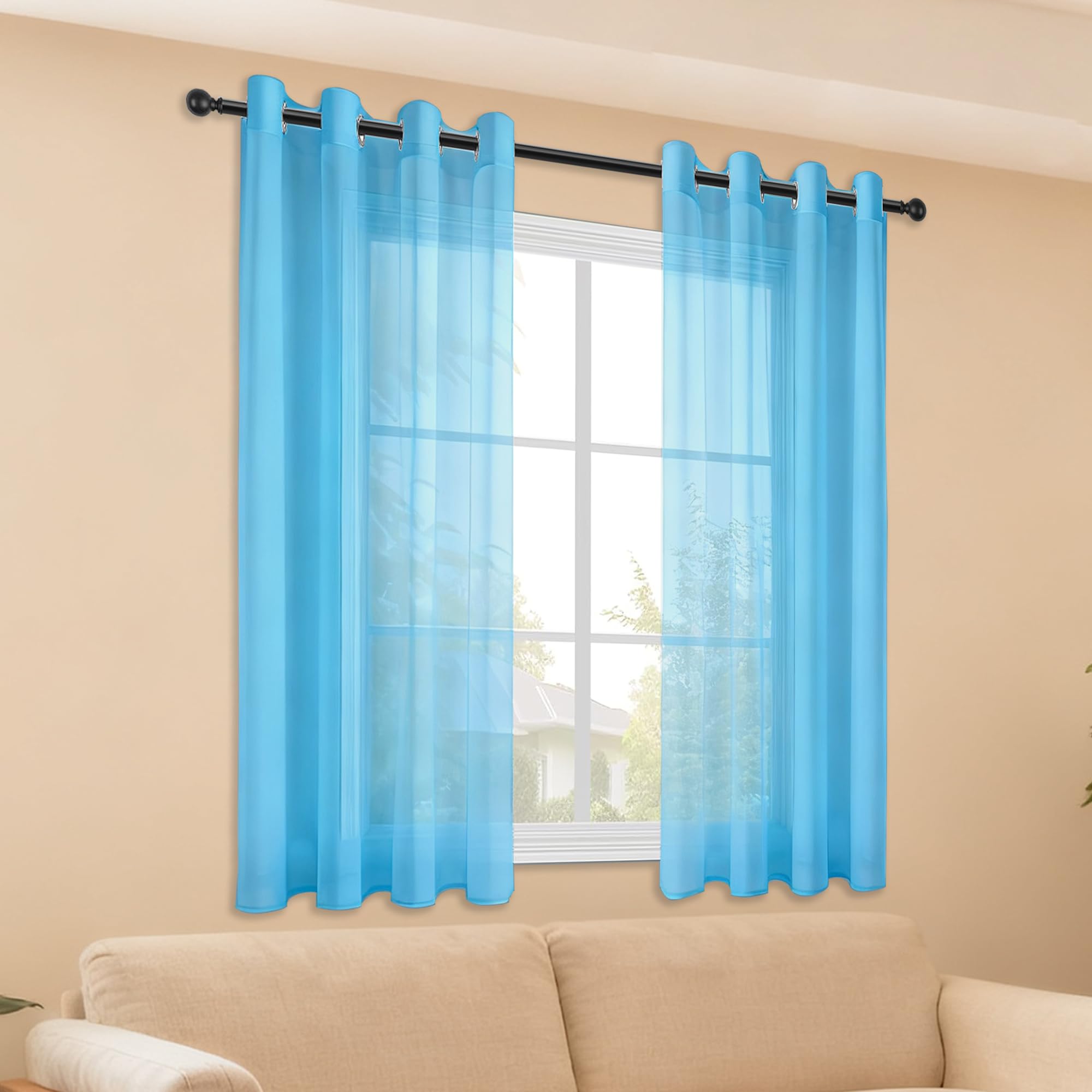 Voilages bleu ciel 160x210 cm en tulle pour décoration de fenêtre de salon