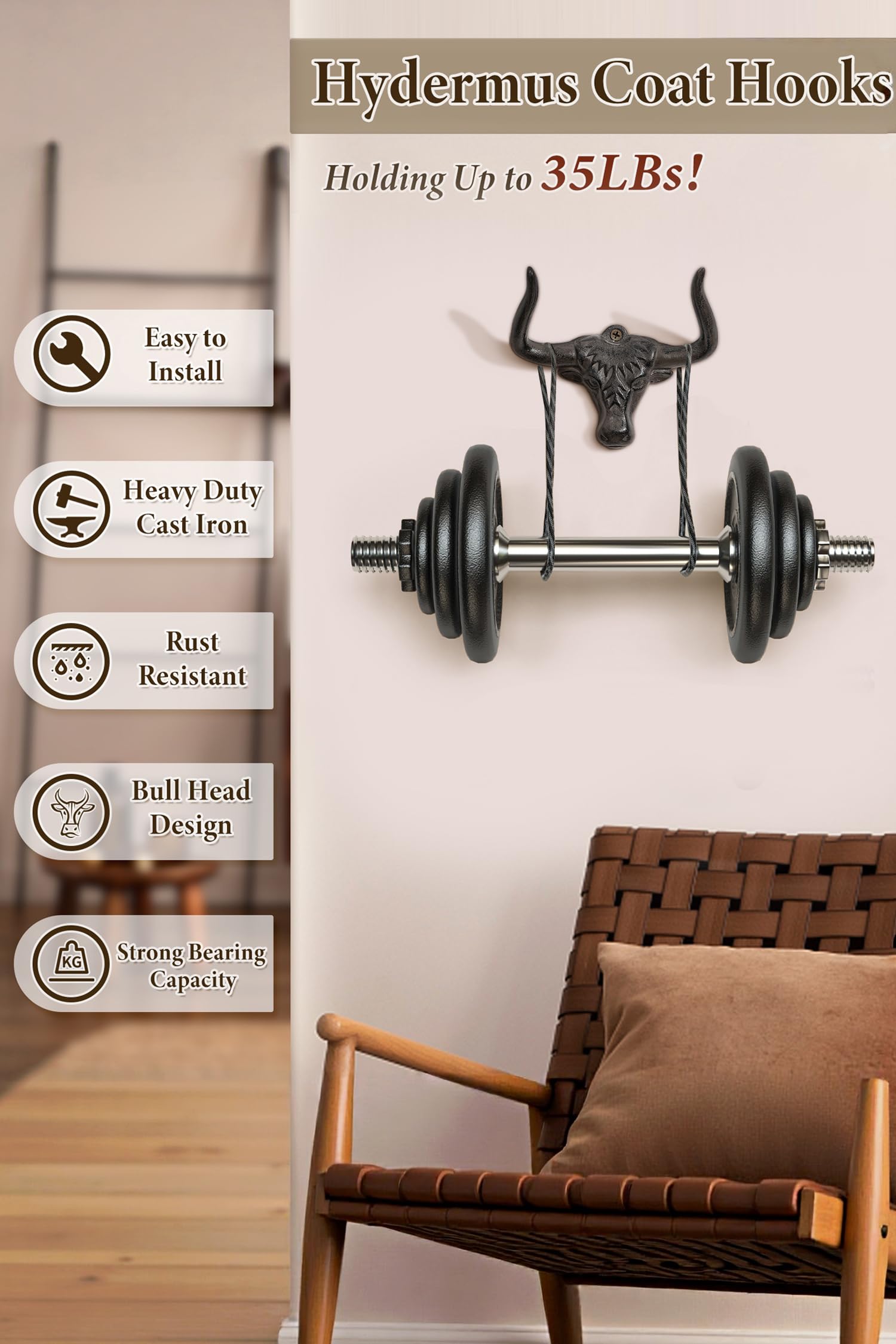 Ganchos de pared para colgar abrigos, 2 unidades, de hierro fundido, estilo occidental, de cuerno largo, resistente, para colgar abrigos, sombreros, toallas, llaves, tazas, batas, bufandas,
