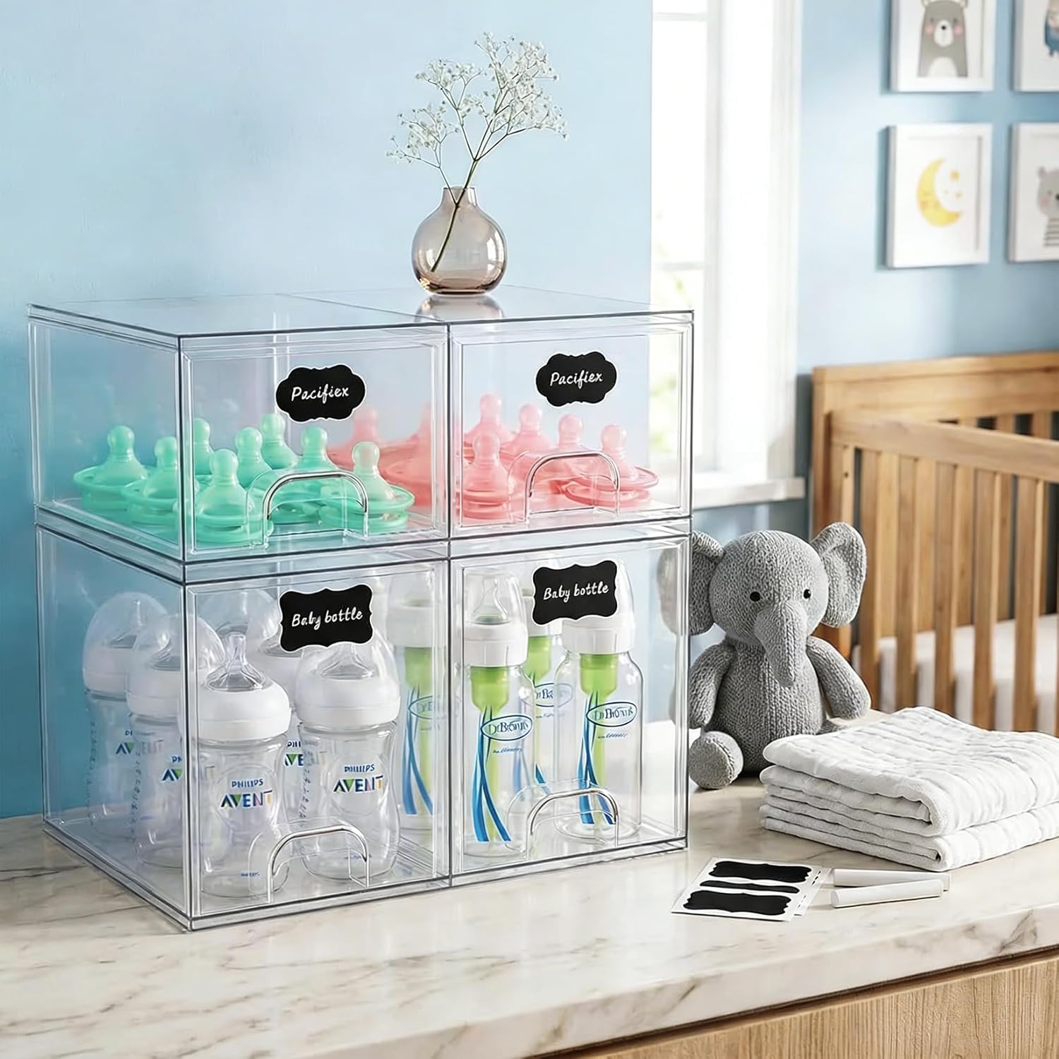 TOOGE Stackable Baby Bottle Organizer: Acrylic Bottle Organizer Baby Storage Drawers Clear Bottle Station Organization for Countertop Cabinet Vanity with 4 in 1 Cup Lid Cleaning Brush & Label - Tall