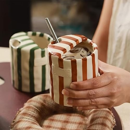 Miniatura 5 de Taza de café retro a rayas, pintada a mano, taza de café de cerámica a rayas de 10 onzas, taza de porcelana artística para café, latte, leche y