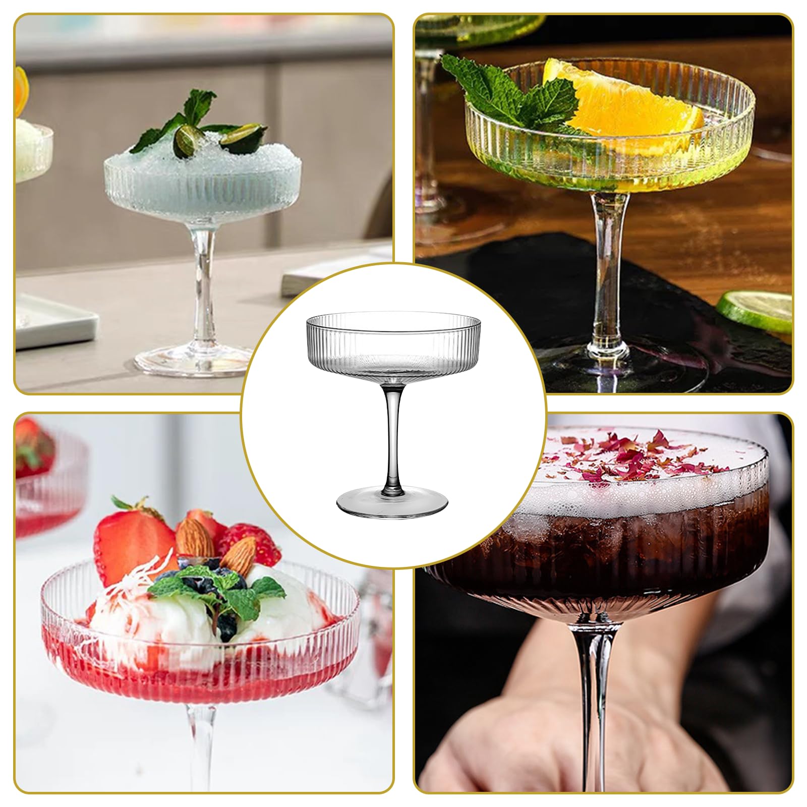 Juego de 4 copas de cóctel de martini, vintage, juego de copas de vino de mango largo, para espresso, martini, champán, cócteles, 300 ml