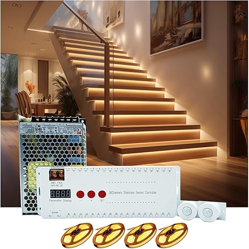 AUTUNEER Luces LED con sensor de movimiento para escaleras, kit de iluminación inteligente para escaleras, 16 escalones, 40 pulgadas de longitud,