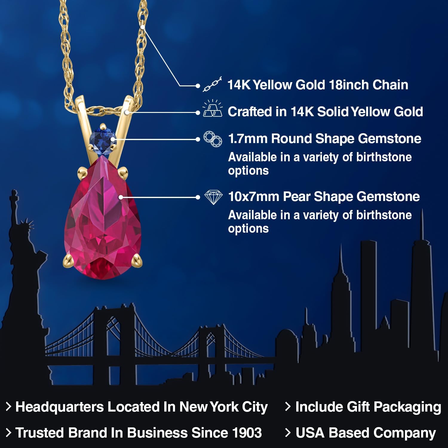 Gem Stone King 14K Yellow Gold Red Created Ruby and Blue Created Sapphire Pendant Necklace for Women | 2.23 Cttw | Gemstone July Birthstone | Pear Shape 10X7MM | With 18 Inch Chain - Image 2