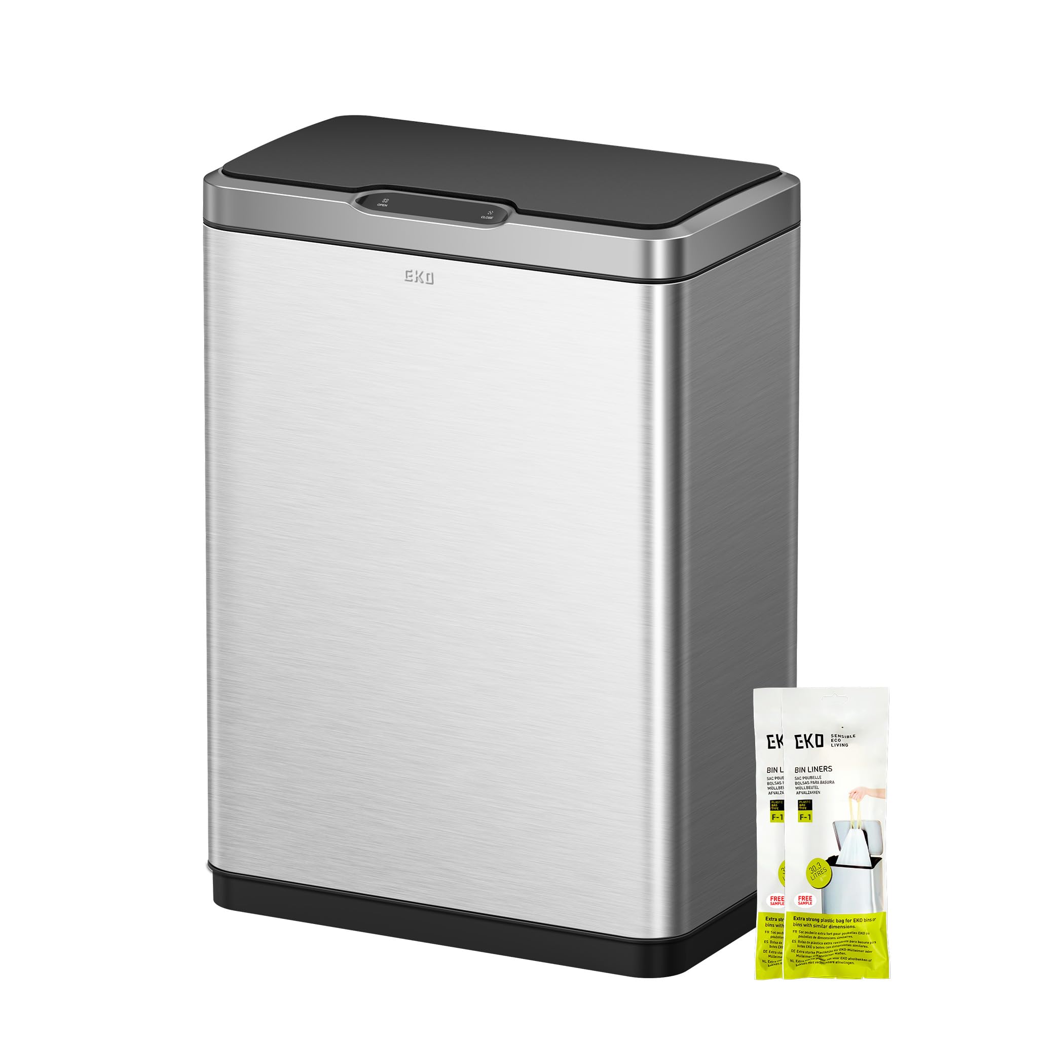 EKO NOVA Mülleimer mit Sensor, Automatischer Mülleimer 2 Fächer 2 x 30L, Abfalleimer Küche, Edelstahl, 2 Kunststoff Inneneimer, Softclose, fingerabdruckfrei, elektrischer Küchenmülleimer, 12 Müllsäcke
