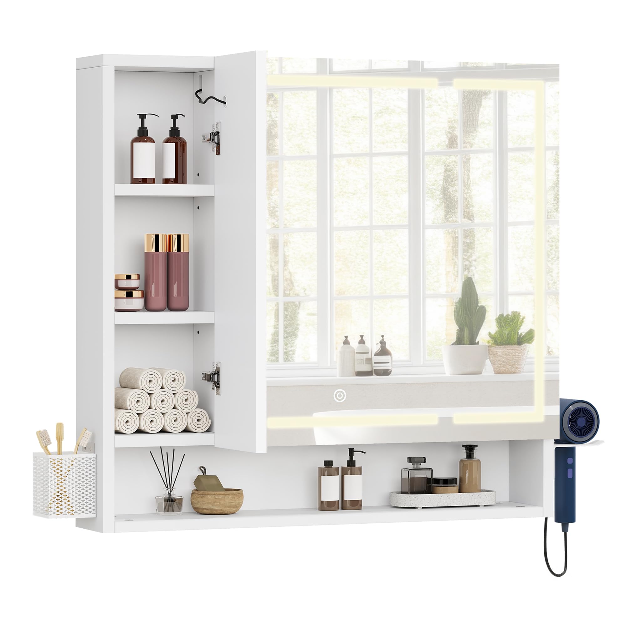 YITAHOME Spiegelschrank Bad LED 3 Türen Steckdose Wandschrank 80cm | LED-Licht für Make-up & Pflege, 2 Steckdosen + 2 USB für Föhn & Zahnbürste, 3 Spiegeltüren mit Stauraum, Beleuchtung