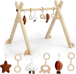 Relaxdays Spielbogen Holz, 6 abnehmbare Anhänger, HBT: 55 x 68 x 59,5 cm, Motorik fördern, Baby Gym, Spieltrapez, natur