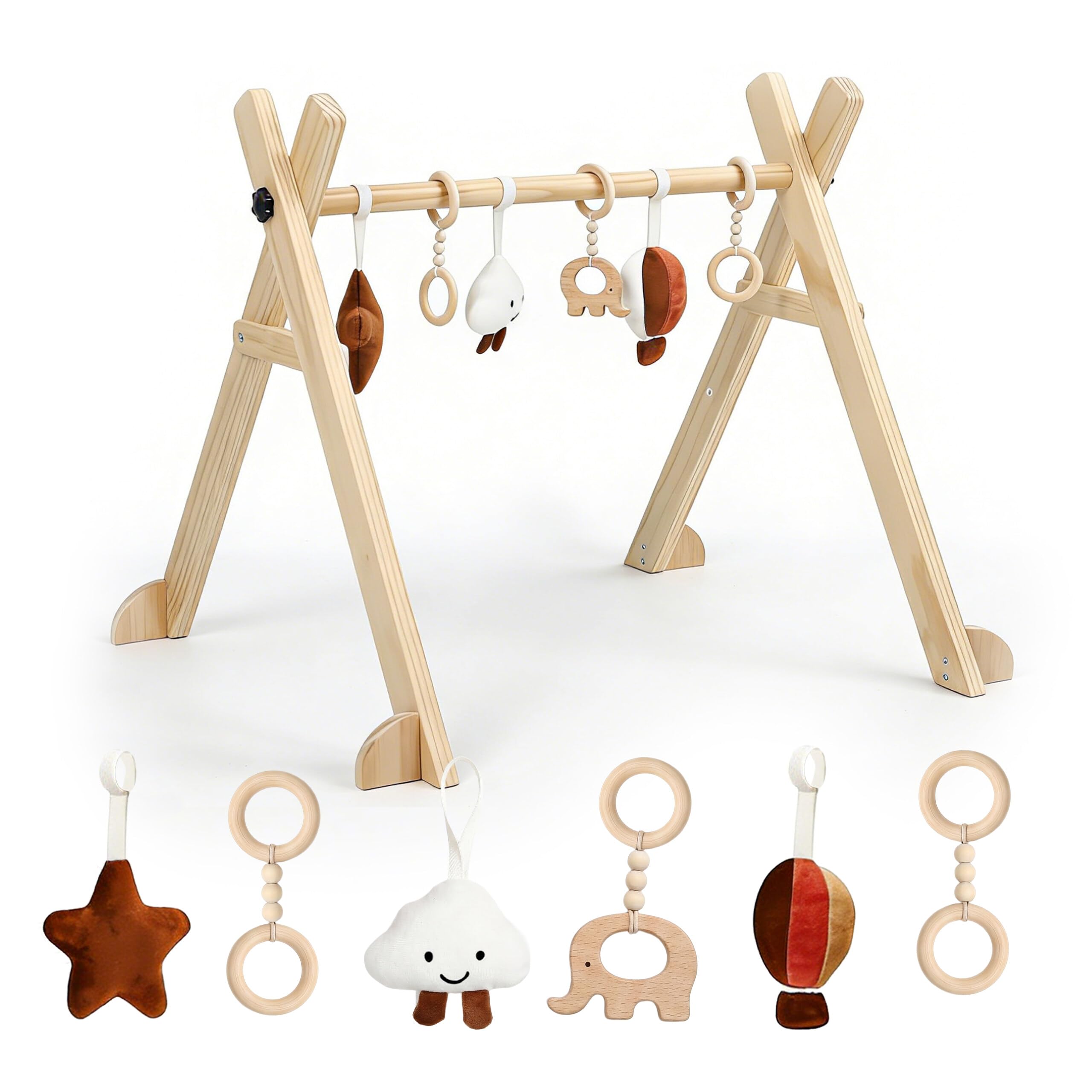 Relaxdays arco de juegos madera, 6 colgantes extraíbles, natural | 55 x 68 x 59,5 cm, fomenta motricidad, Baby gym