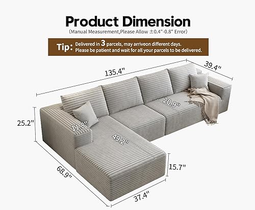 Miniatura 36 de Sofá seccional modular Cloud de 107.5 pulgadas con diván en forma de L, sofá modular moderno con asiento profundo, sofás tapizados para sala de