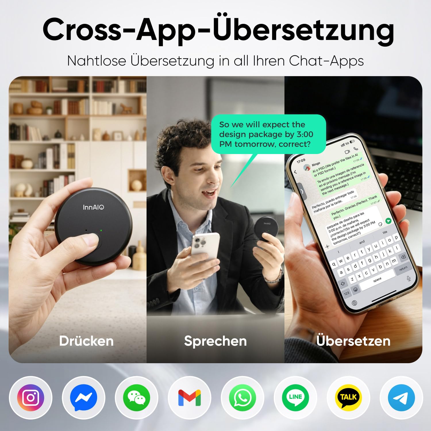 KI Übersetzer, Übersetzungsgerät für 140+ Sprachen, GPT Echtzeitübersetzung, Sprachübersetzer mit Sprachklonung, Anrufe & Video, KI Sitzungsprotokolle, Fotübersetzung, Schwarz
