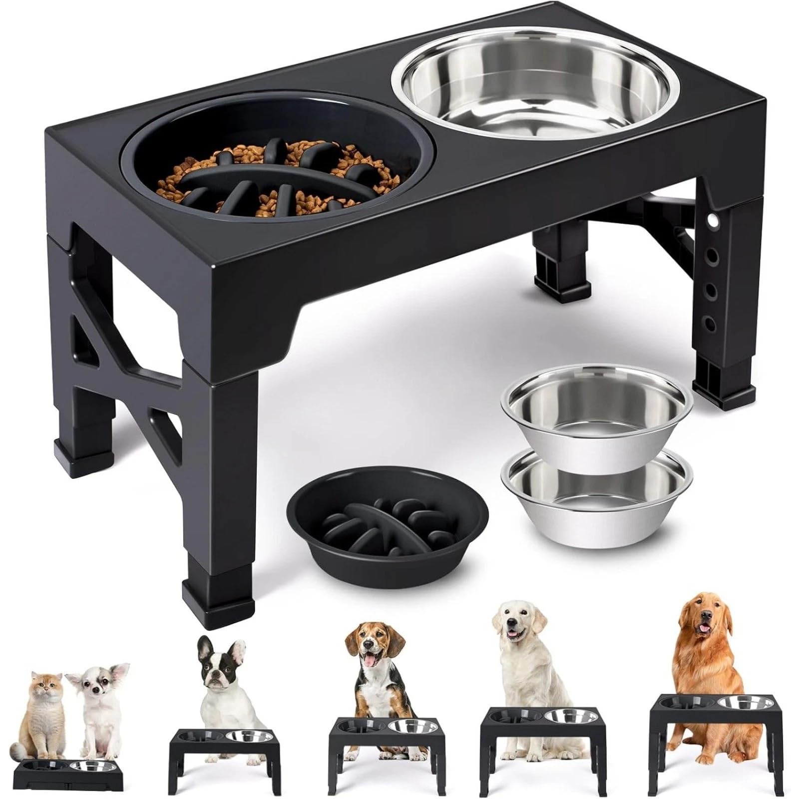 Gamelle surélevée pour chien, 5 hauteurs réglables, pour chiens de petite, moyenne et grande taille, 2 grands bols en acier inoxydable épais, 1 gamelle antidérapante lente (2 gamelles en acier