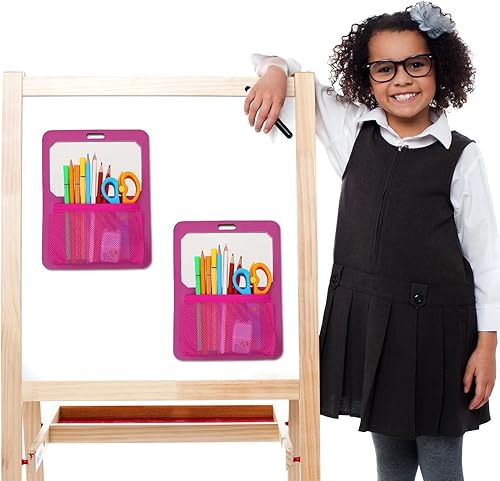 Miniatura 7 de 2 piezas de espejo magnético rosa para casillero escolar con organizador de bolsillo de malla elástica y 12 pines para marcadores de bolígrafo de