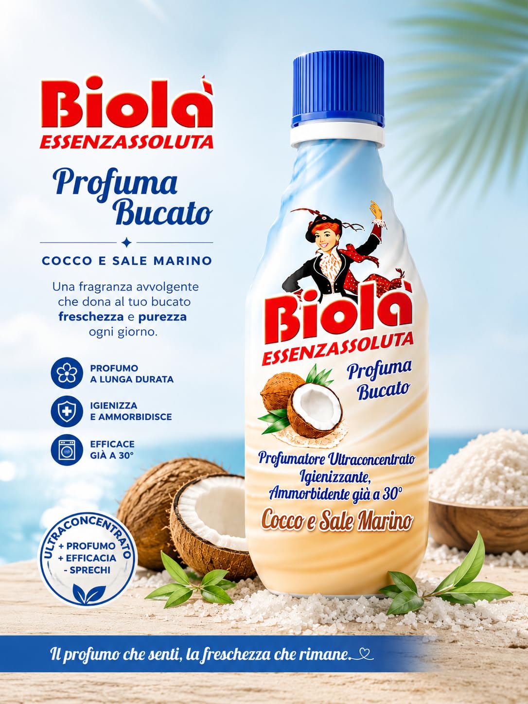 Biolà EssenzAssoluta Cocco e Sale Marino – Profumatore Ultraconcentrato per Bucato, Igienizzante e Ammorbidente già a 30° - 6 Unita da 250ml