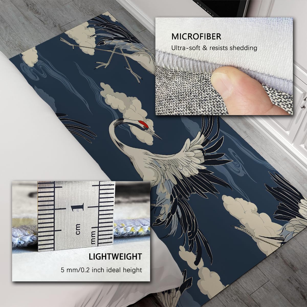 Japanische Crane Bird Waschteppiche Vintage orientalischer Teppich 160x200cm Marineblauer Wolkenteppich Großer Teppiche fürs Wohnzimmer weiche rutschfeste Vorleger Schlafzimmerteppich