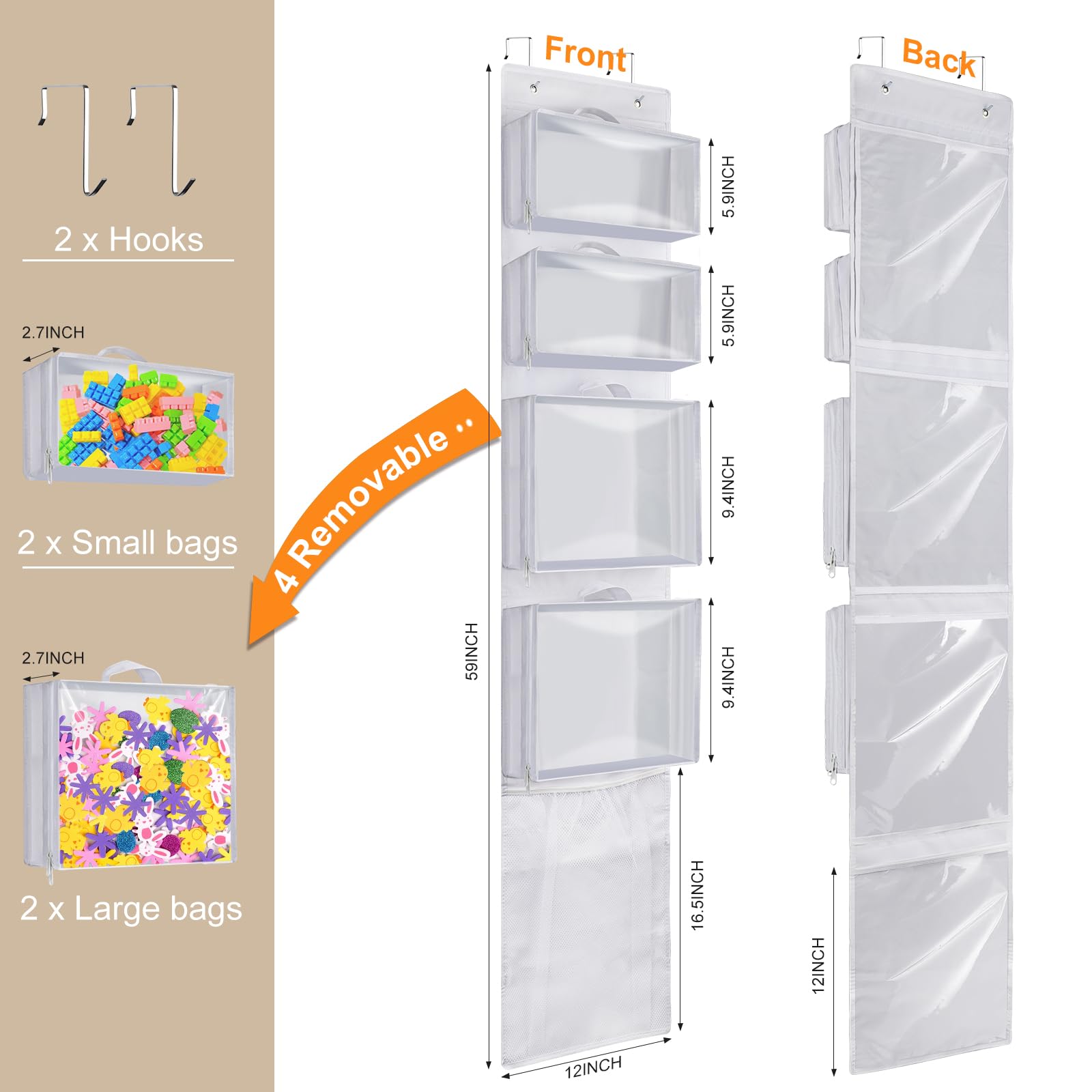 Woodoulogy Appesi il deposito dei giocattoli alla porta, Idea con 4 Case Bag rimovibili, due volte il portaoggetti con tasca di rete